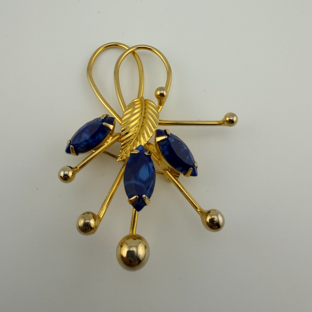 Vintage Gold Tone Blue Faux Lapis Marquise Atomic Spray Leaf Brooch Pin
